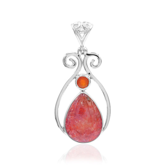 Starborn Magma Chalcedony with Faceted Carnelian Scrollwork Pendant in Sterling Silver