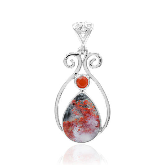 Starborn Magma Chalcedony with Faceted Carnelian Scrollwork Pendant in Sterling Silver