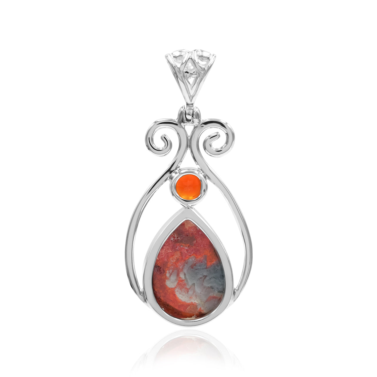 Starborn Magma Chalcedony with Faceted Carnelian Scrollwork Pendant in Sterling Silver