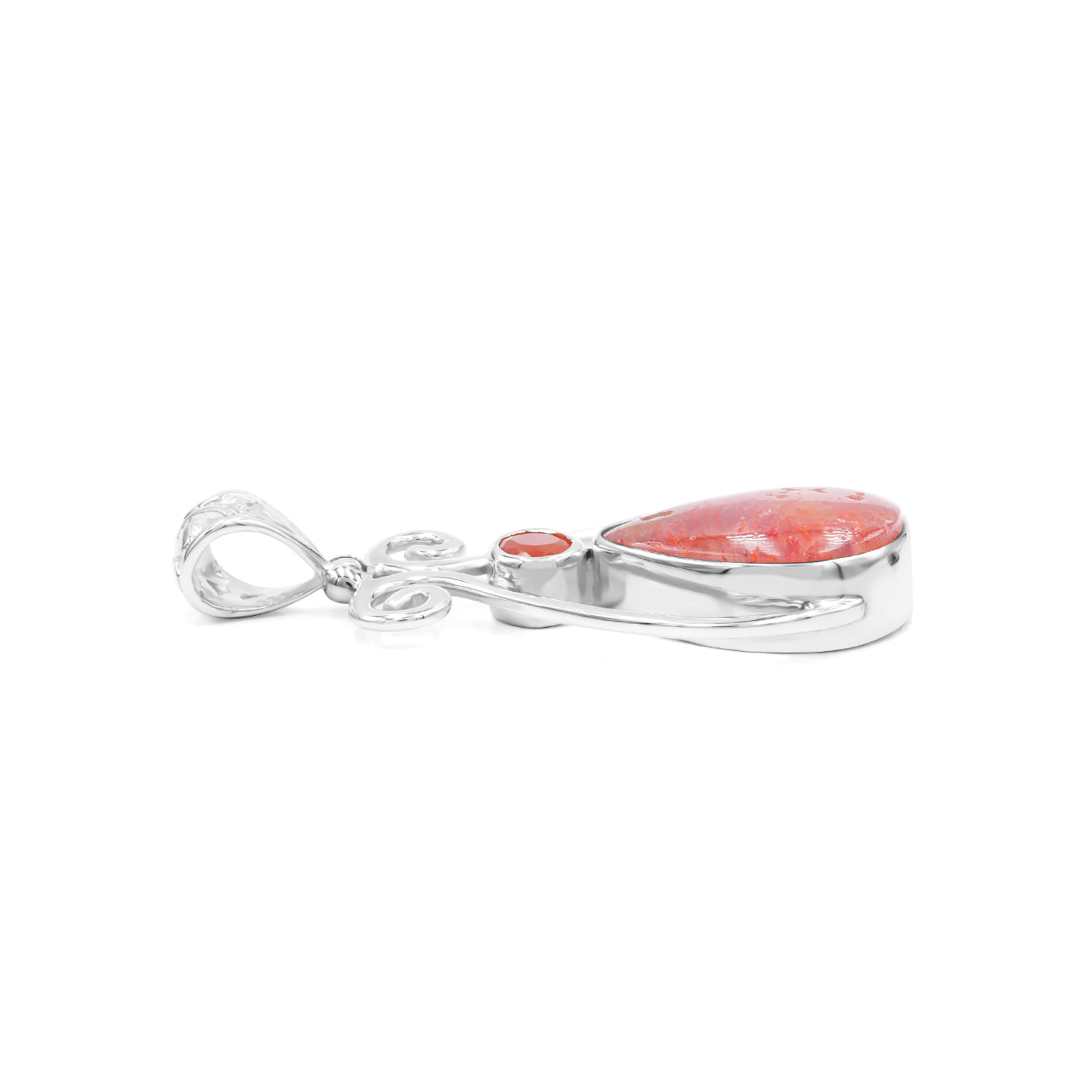 Starborn Magma Chalcedony with Faceted Carnelian Scrollwork Pendant in Sterling Silver