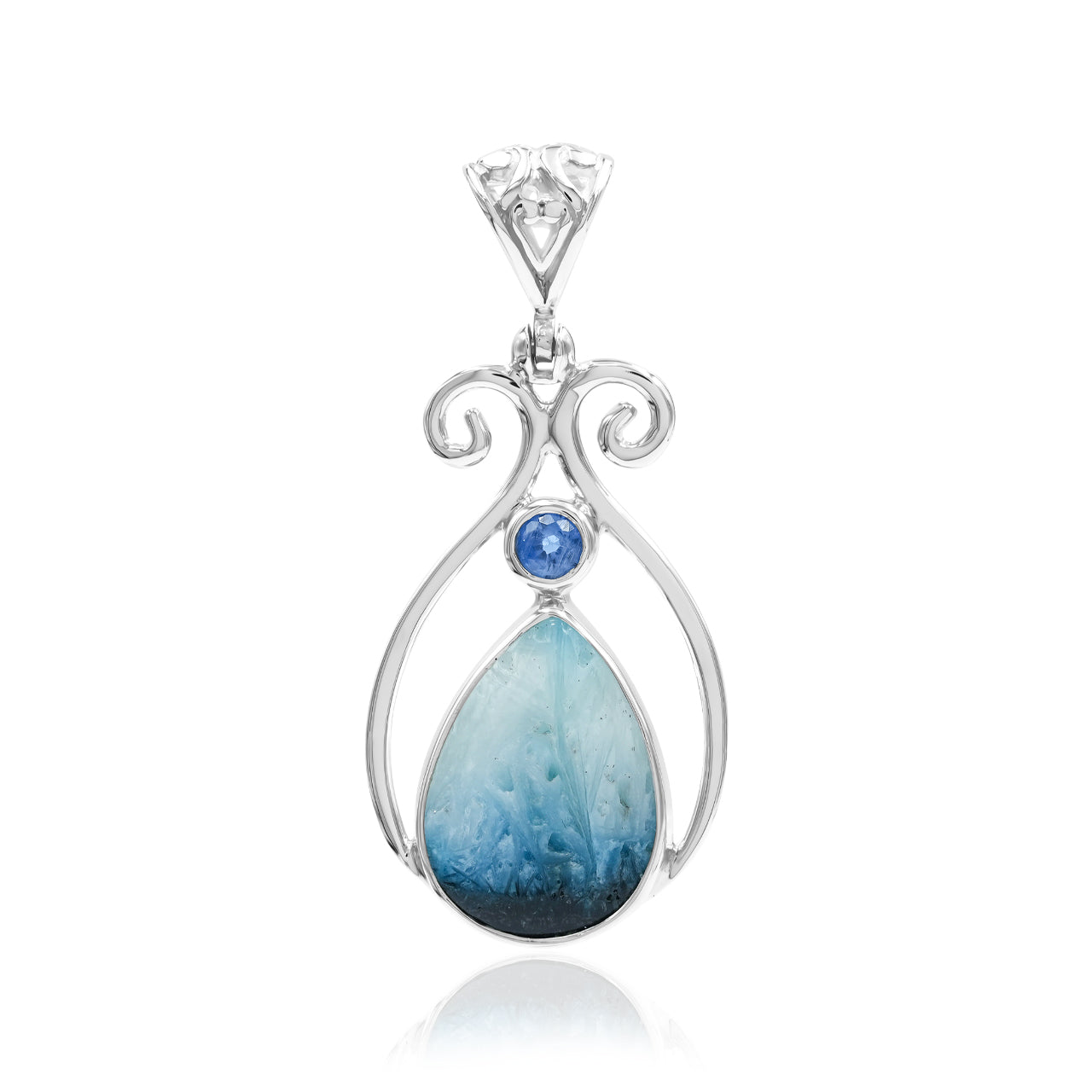 Starborn Blue Ice Glacierite with Faceted Kyanite Scrollwork Pendant in Sterling Silver
