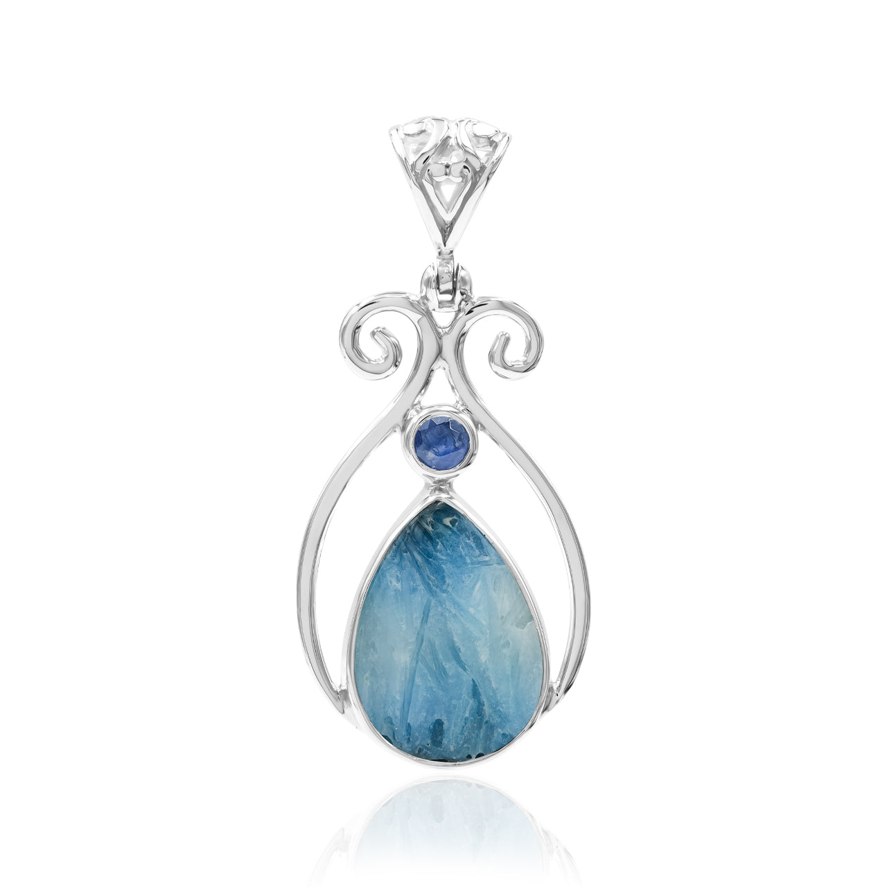 Starborn Blue Ice Glacierite with Faceted Kyanite Scrollwork Pendant in Sterling Silver