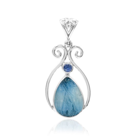 Starborn Blue Ice Glacierite with Faceted Kyanite Scrollwork Pendant in Sterling Silver