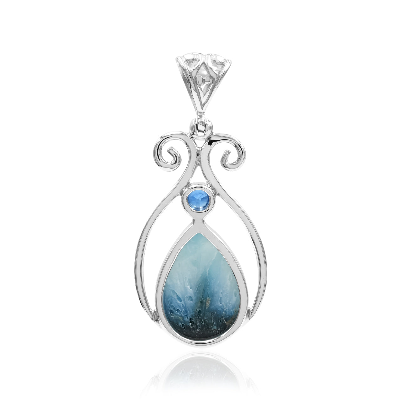 Starborn Blue Ice Glacierite with Faceted Kyanite Scrollwork Pendant in Sterling Silver
