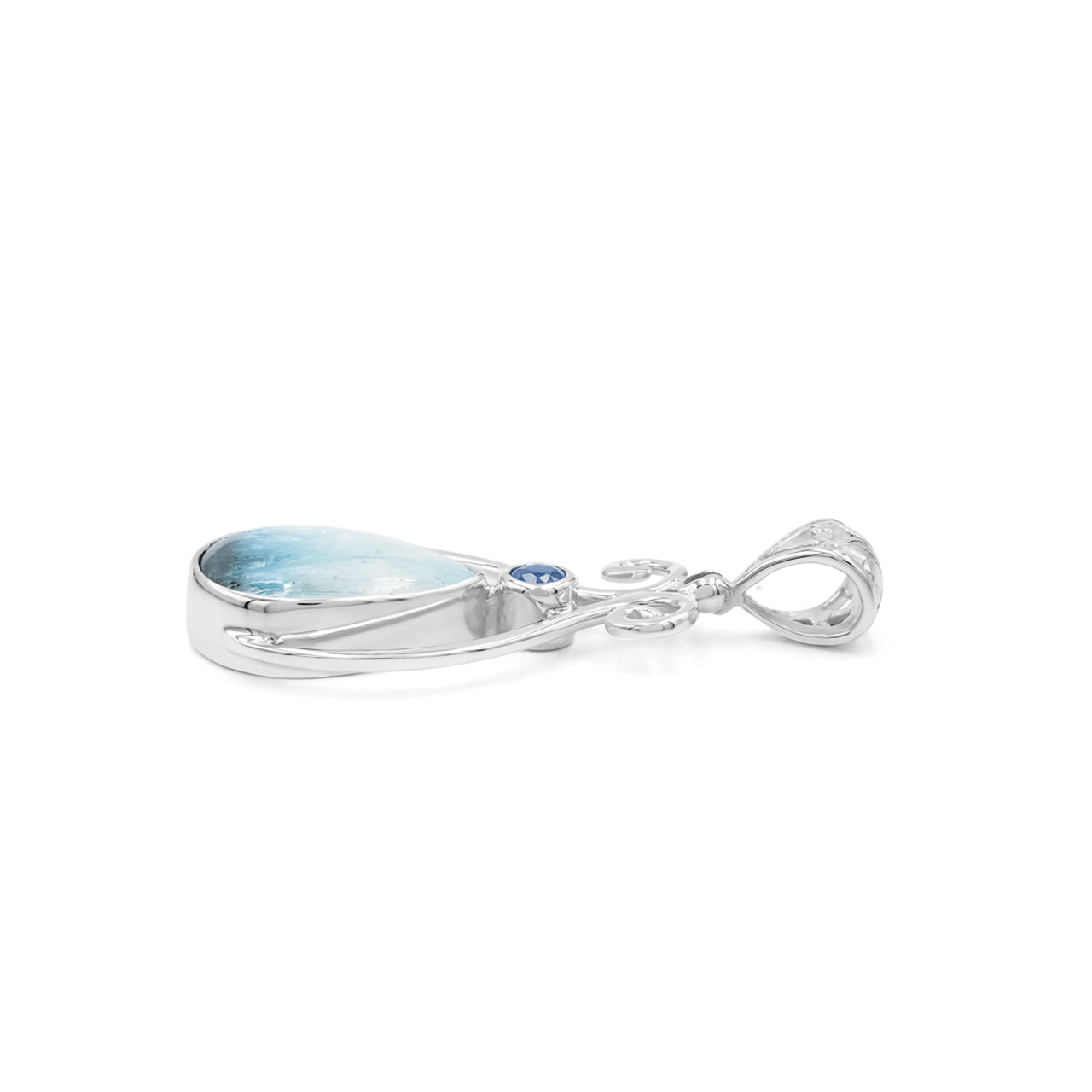Starborn Blue Ice Glacierite with Faceted Kyanite Scrollwork Pendant in Sterling Silver