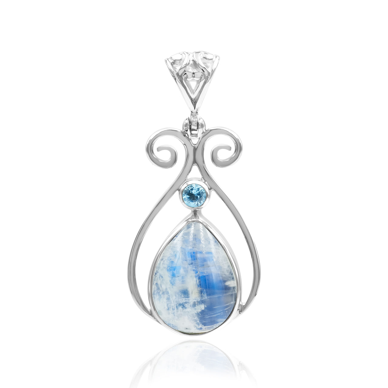 Starborn Rainbow Moonstone and Faceted Blue Topaz Scrollwork Pendant in Sterling Silver