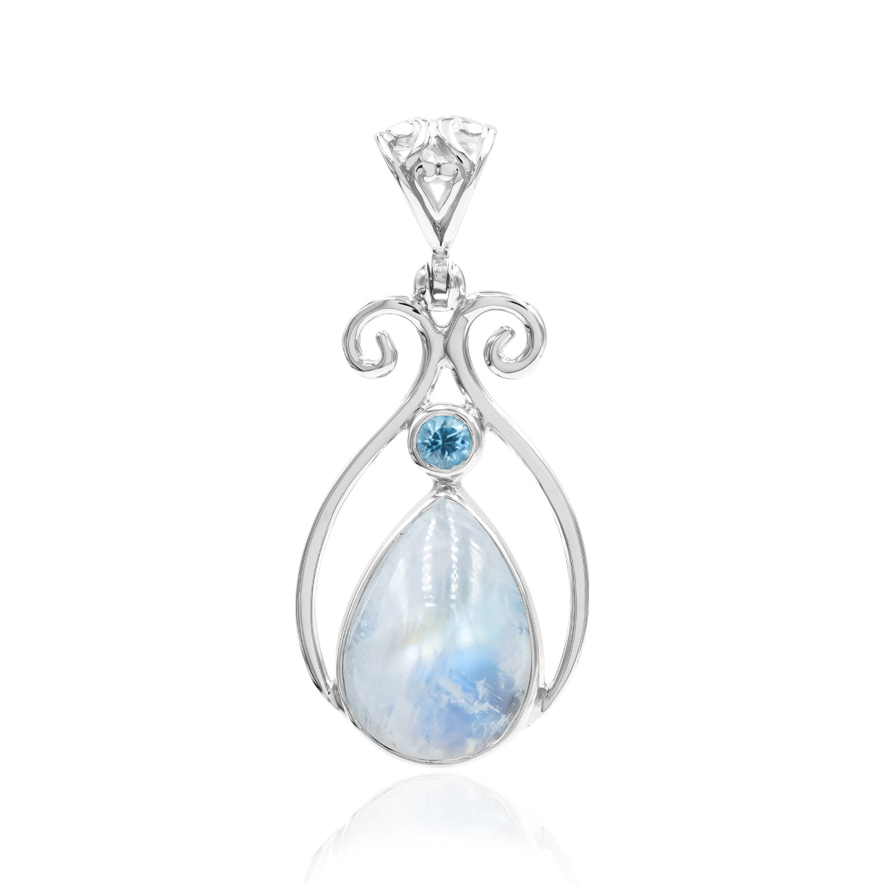 Starborn Rainbow Moonstone and Faceted Blue Topaz Scrollwork Pendant in Sterling Silver