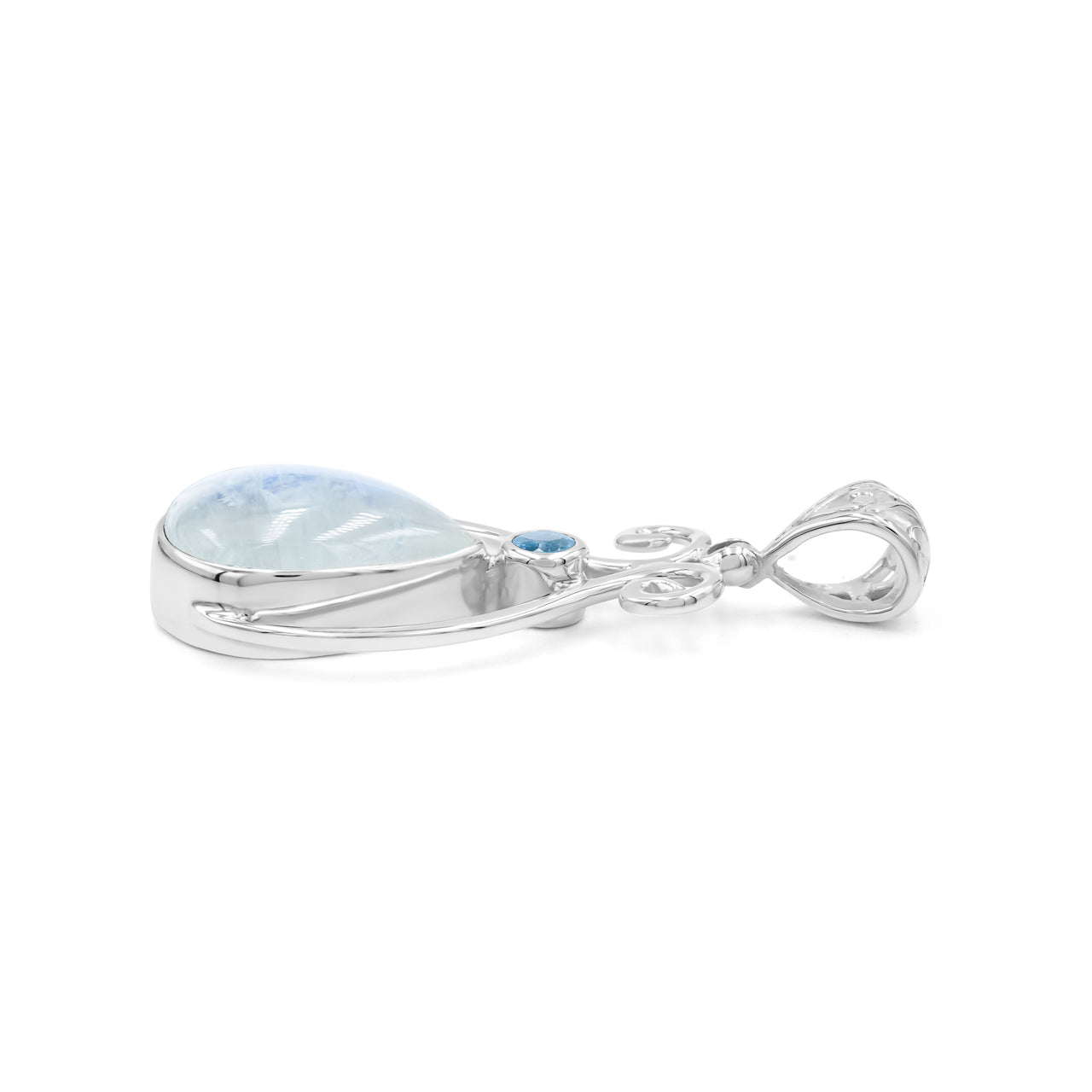 Starborn Rainbow Moonstone and Faceted Blue Topaz Scrollwork Pendant in Sterling Silver