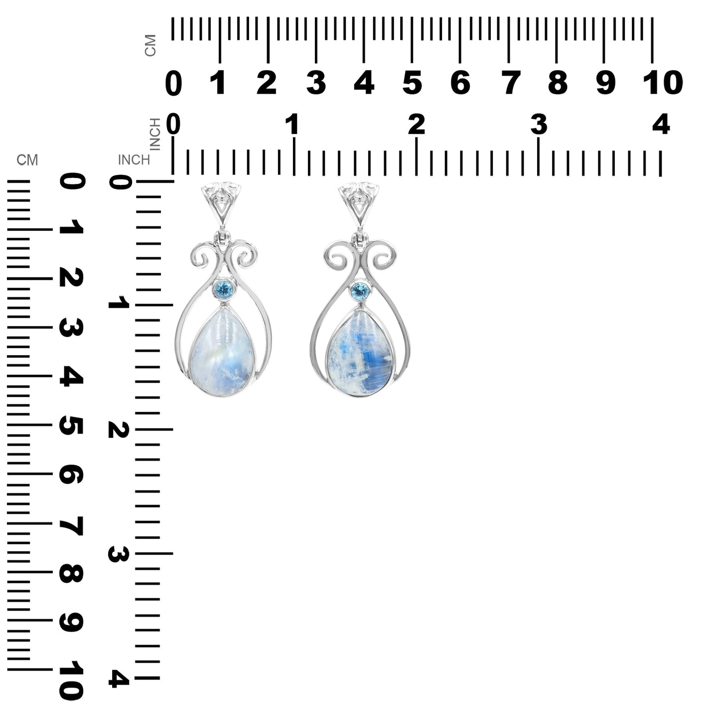 Starborn Rainbow Moonstone and Faceted Blue Topaz Scrollwork Pendant in Sterling Silver