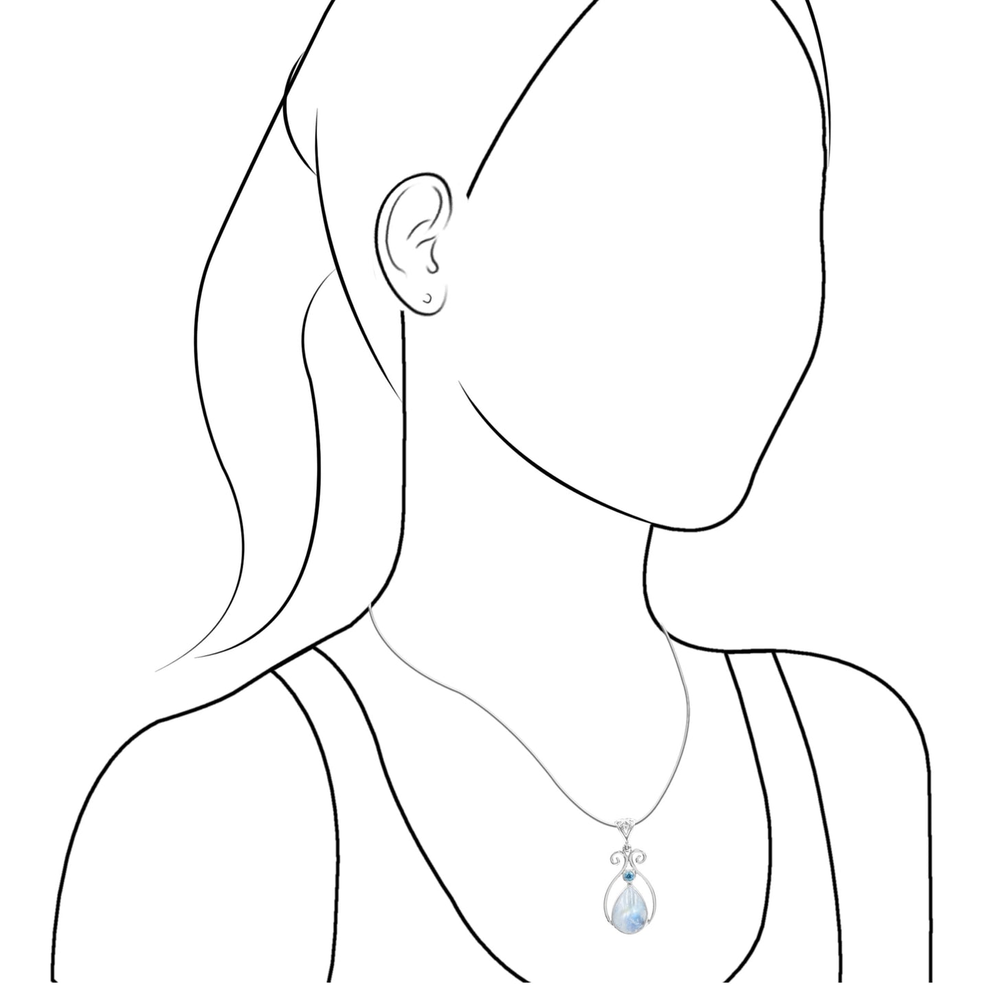 Starborn Rainbow Moonstone and Faceted Blue Topaz Scrollwork Pendant in Sterling Silver