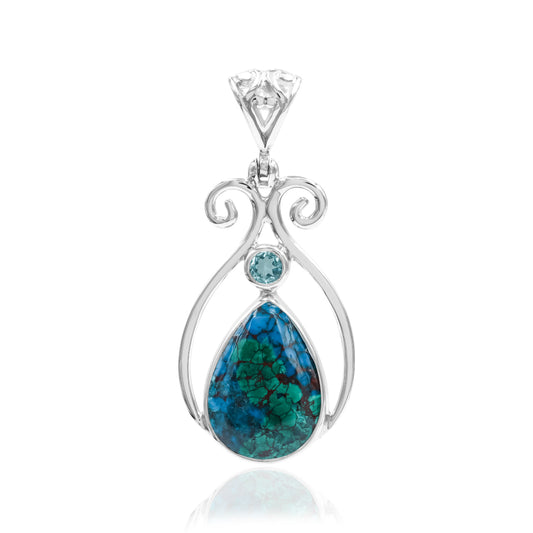 Starborn Chrysocolla and Faceted Apatite Scrollwork Pendant in Sterling Silver