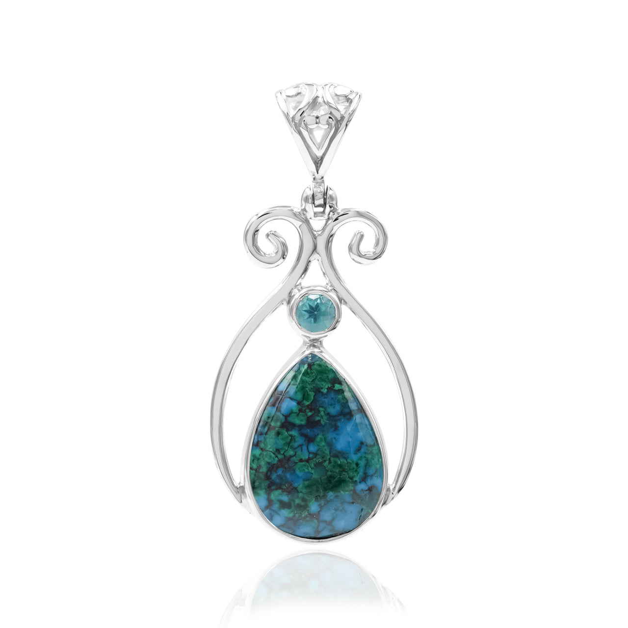 Starborn Chrysocolla and Faceted Apatite Scrollwork Pendant in Sterling Silver