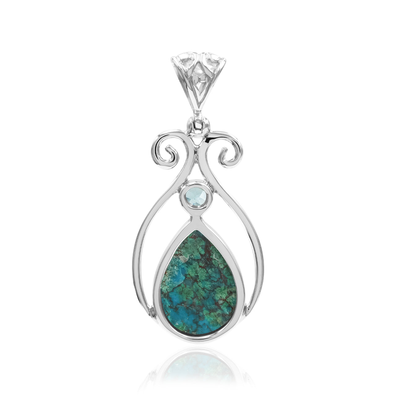Starborn Chrysocolla and Faceted Apatite Scrollwork Pendant in Sterling Silver