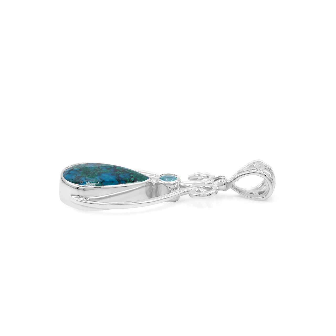 Starborn Chrysocolla and Faceted Apatite Scrollwork Pendant in Sterling Silver
