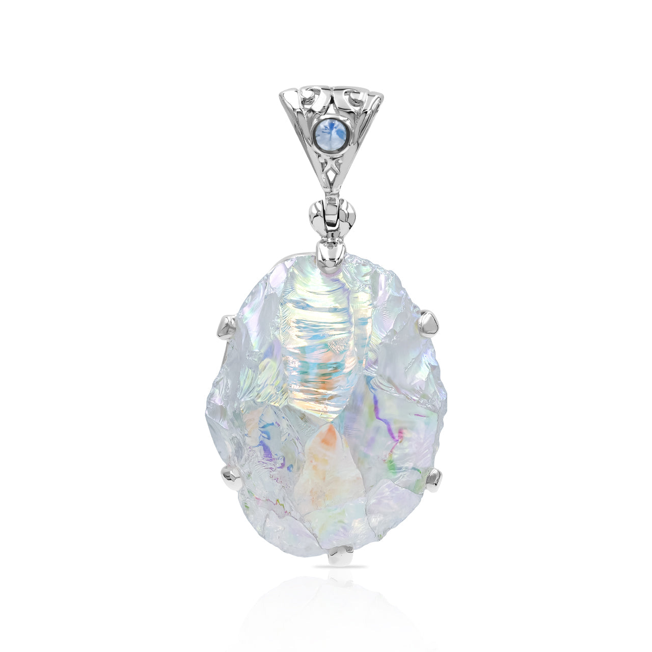 Starborn Angel Aura Quartz Rough with Rainbow Moonstone Pendant in Sterling Silver