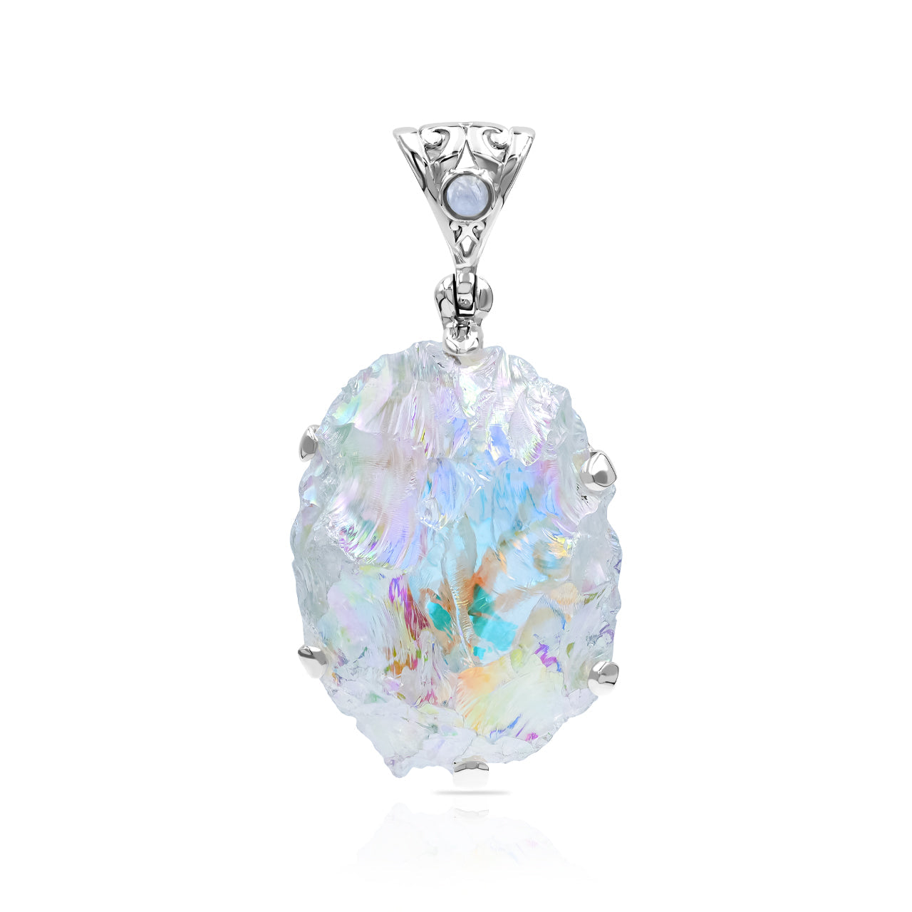 Starborn Angel Aura Quartz Rough with Rainbow Moonstone Pendant in Sterling Silver