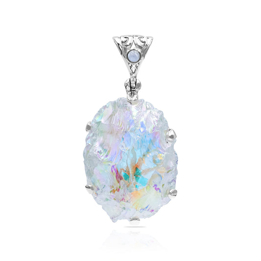 Starborn Angel Aura Quartz Rough with Rainbow Moonstone Pendant in Sterling Silver