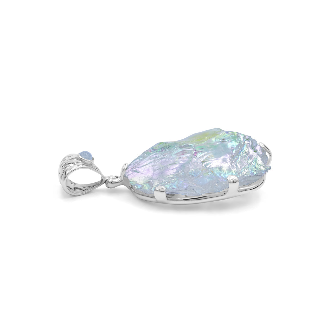 Starborn Angel Aura Quartz Rough with Rainbow Moonstone Pendant in Sterling Silver