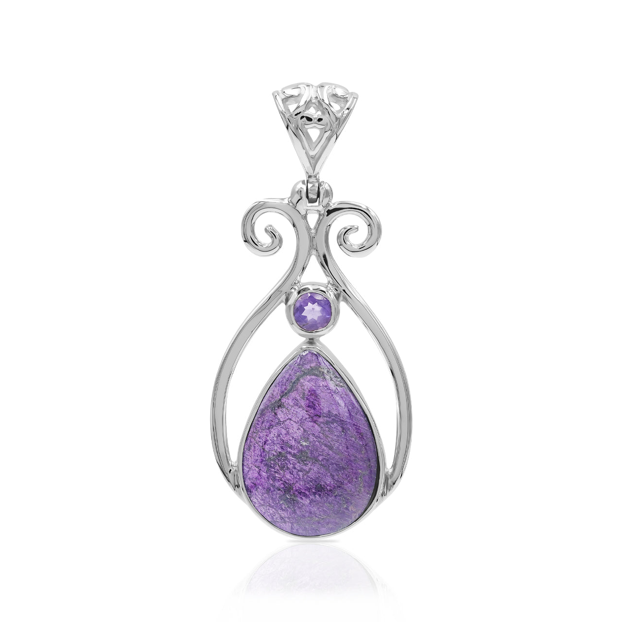 Starborn Purpurite and Amethyst Scrollwork Pendant in Fine Sterling Silver