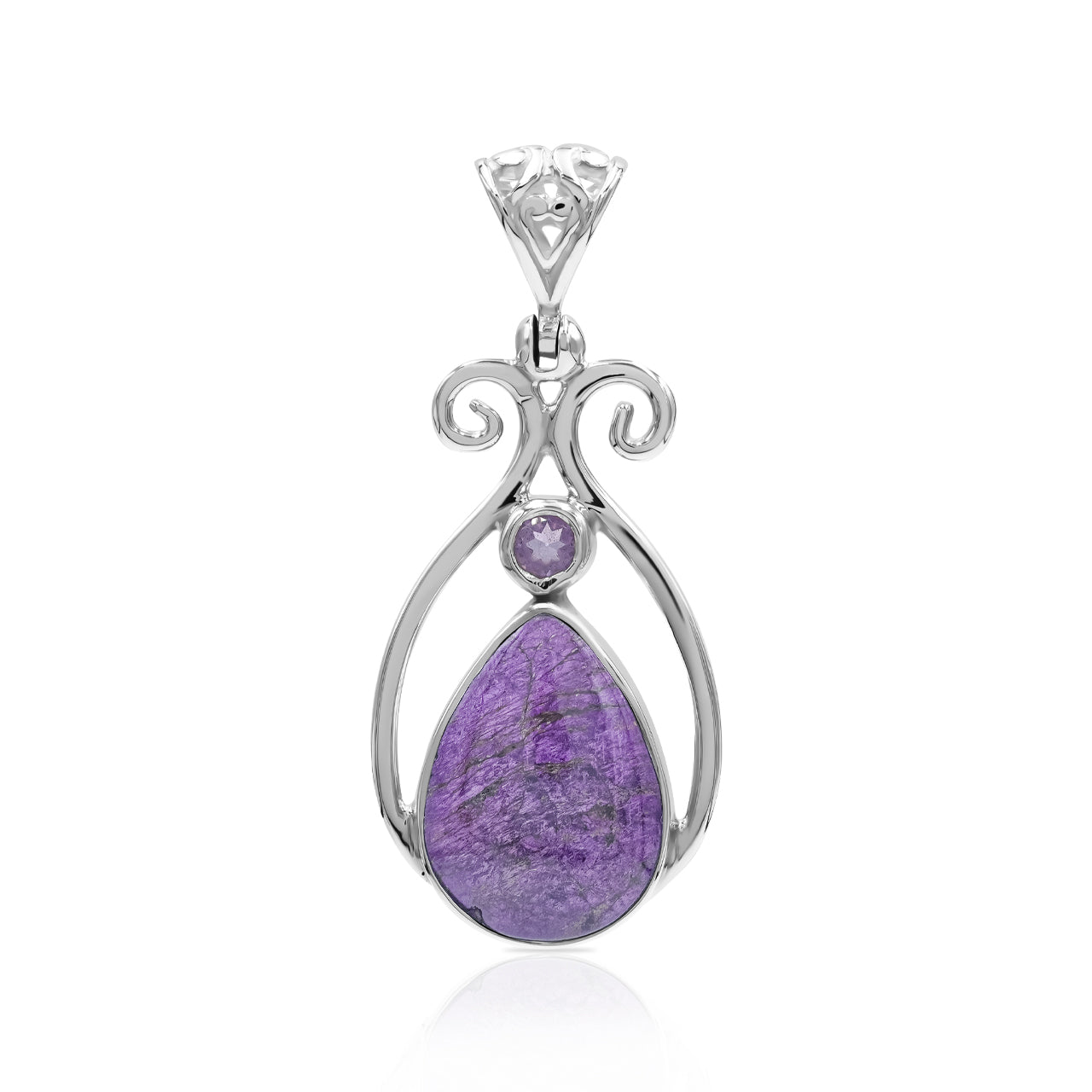Starborn Purpurite and Amethyst Scrollwork Pendant in Fine Sterling Silver