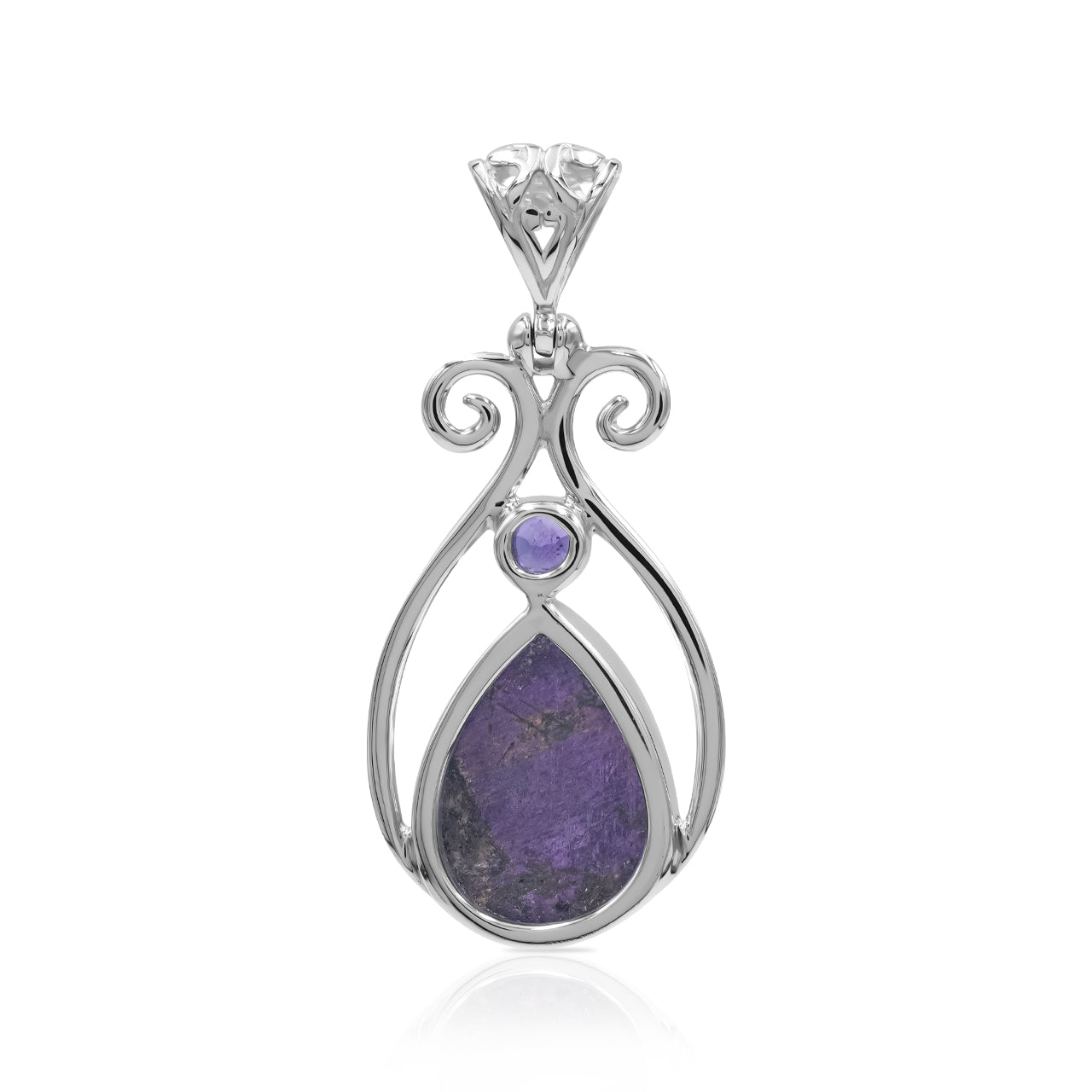 Starborn Purpurite and Amethyst Scrollwork Pendant in Fine Sterling Silver