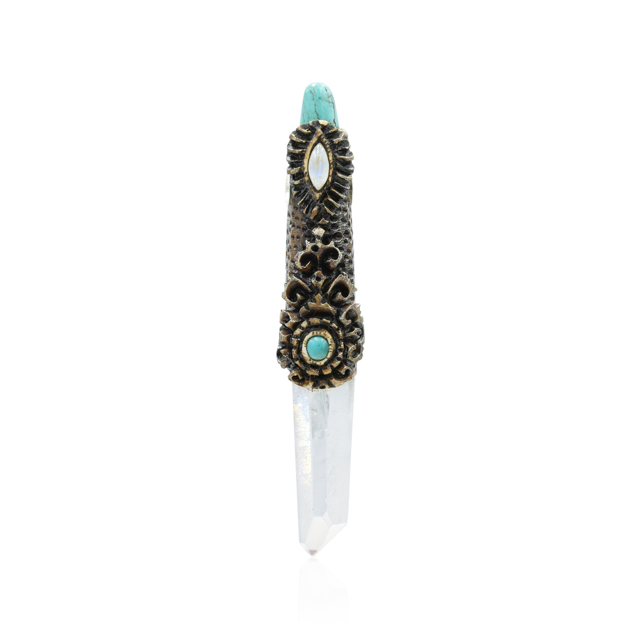 Starborn Angel Aura Quartz Crystal Wand Pendant with Rainbow Moonstone and Turquoise