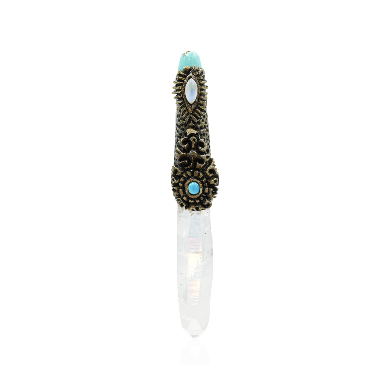 Starborn Angel Aura Quartz Crystal Wand Pendant with Rainbow Moonstone and Turquoise