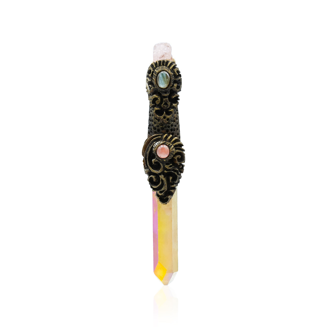 Starborn Sunset Aura Quartz Crystal Wand Pendant with Morganite, Labradorite and Rhodochrosite
