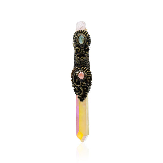 Starborn Sunset Aura Quartz Crystal Wand Pendant with Morganite, Labradorite and Rhodochrosite