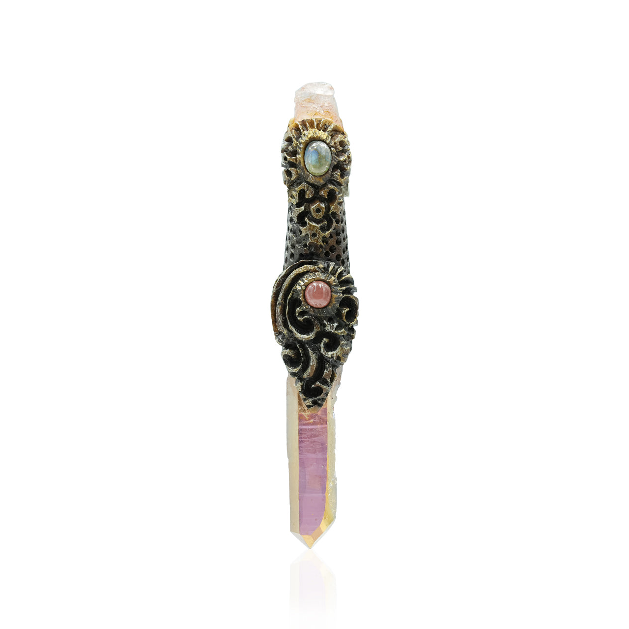 Starborn Sunset Aura Quartz Crystal Wand Pendant with Morganite, Labradorite and Rhodochrosite