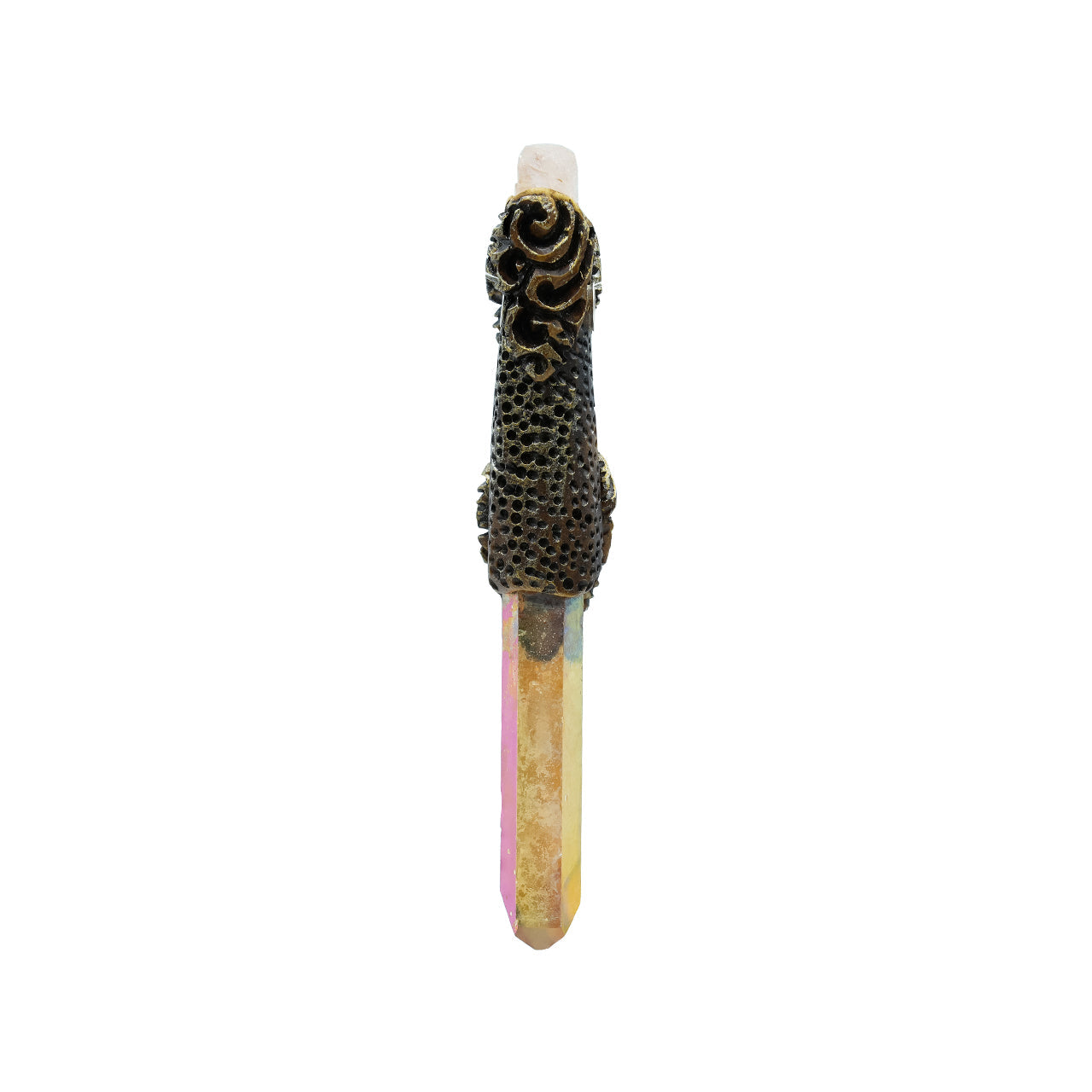 Starborn Sunset Aura Quartz Crystal Wand Pendant with Morganite, Labradorite and Rhodochrosite
