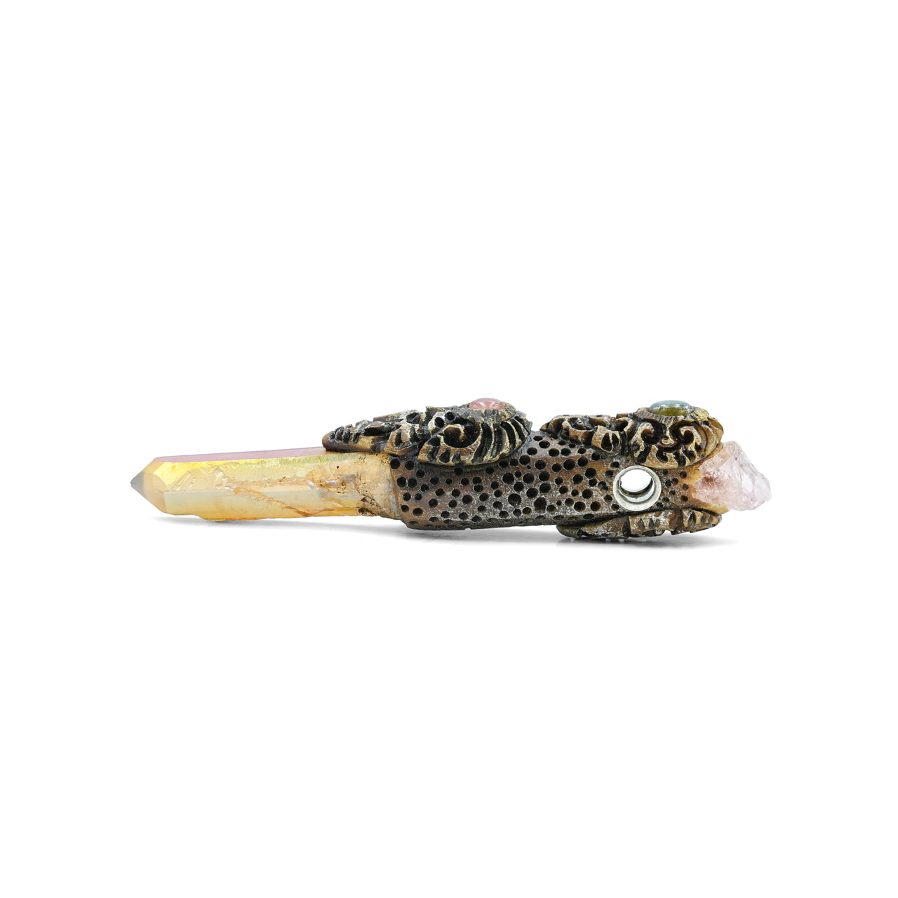 Starborn Sunset Aura Quartz Crystal Wand Pendant with Morganite, Labradorite and Rhodochrosite