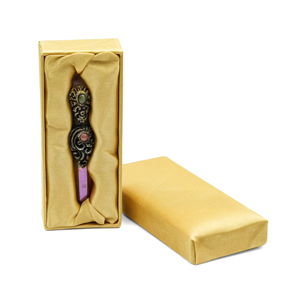 Starborn Sunset Aura Quartz Crystal Wand Pendant with Morganite, Labradorite and Rhodochrosite