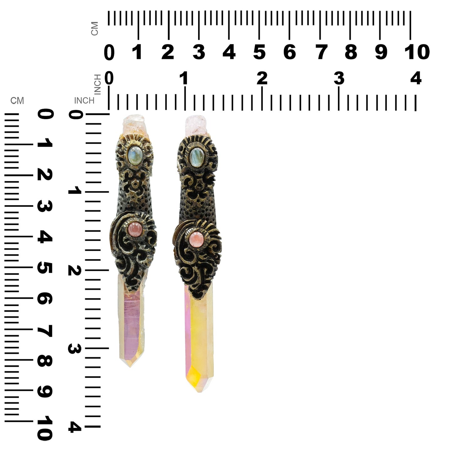 Starborn Sunset Aura Quartz Crystal Wand Pendant with Morganite, Labradorite and Rhodochrosite
