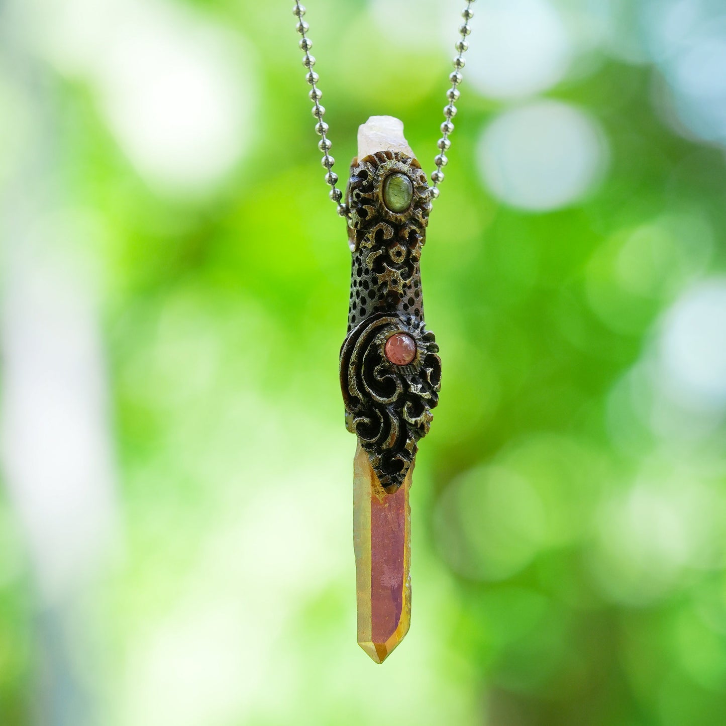 Starborn Sunset Aura Quartz Crystal Wand Pendant with Morganite, Labradorite and Rhodochrosite