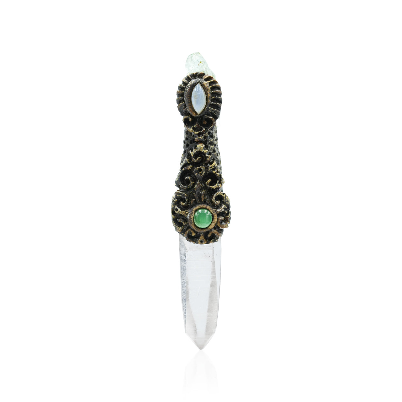 Starborn Quartz Crystal Wand Pendant with Aquamarine, Chrysoprase and Rainbow Moonstone