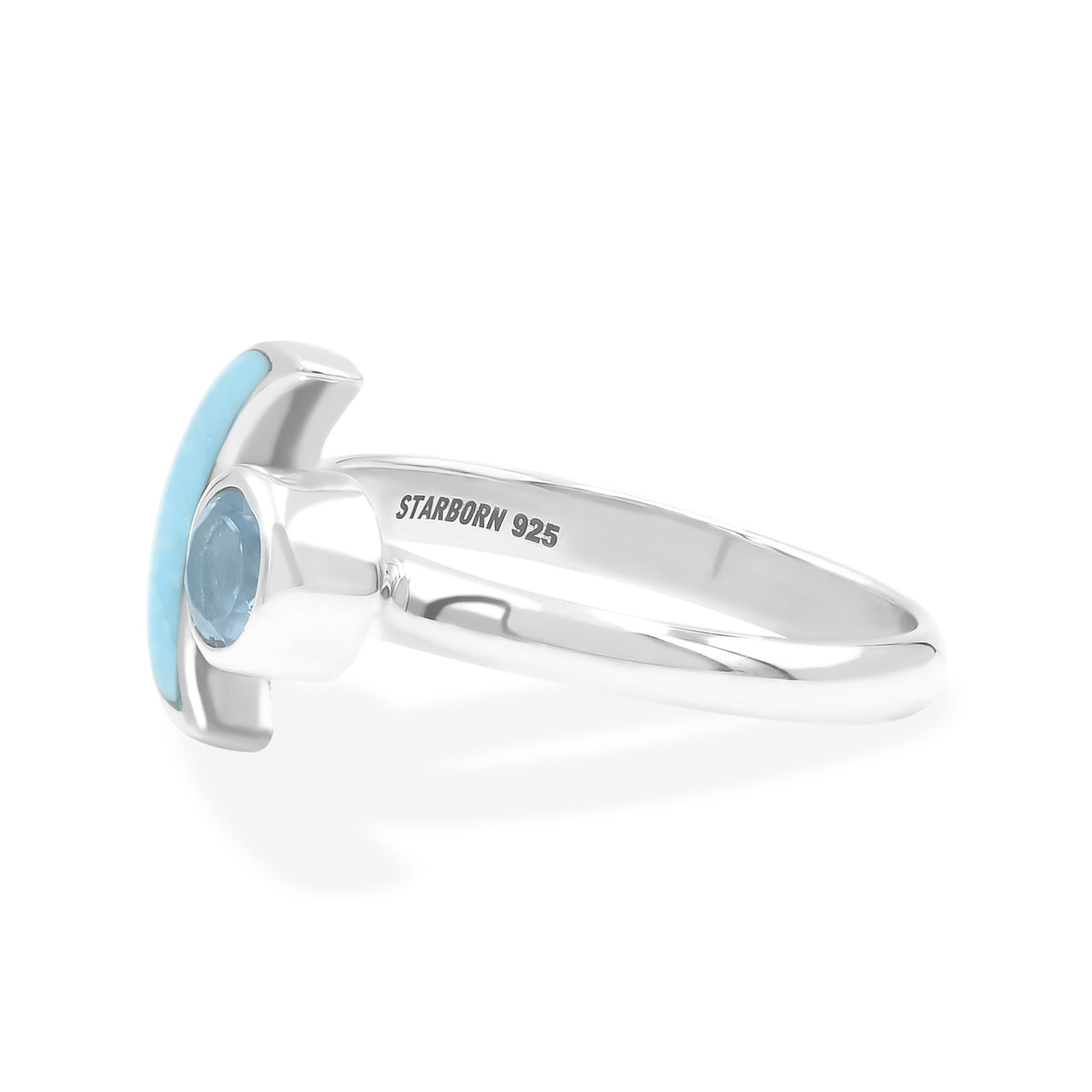 Starborn Turquoise and Faceted Blue Topaz Crescent Moon Ring in Sterling Silver