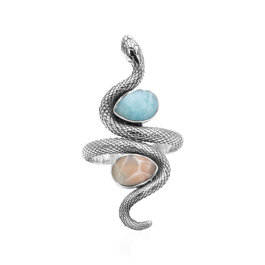 Starborn Coiled Snake Ring with Dual Larimar and Pink Natrolite in Sterling Silver