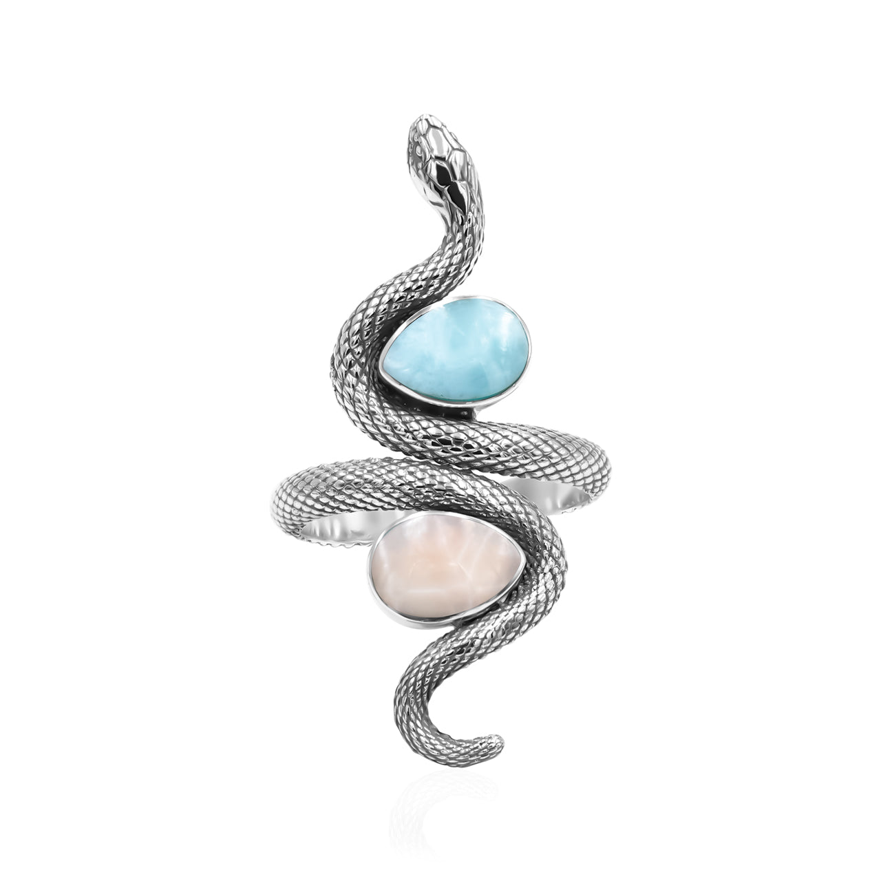 Starborn Coiled Snake Ring with Dual Larimar and Pink Natrolite in Sterling Silver