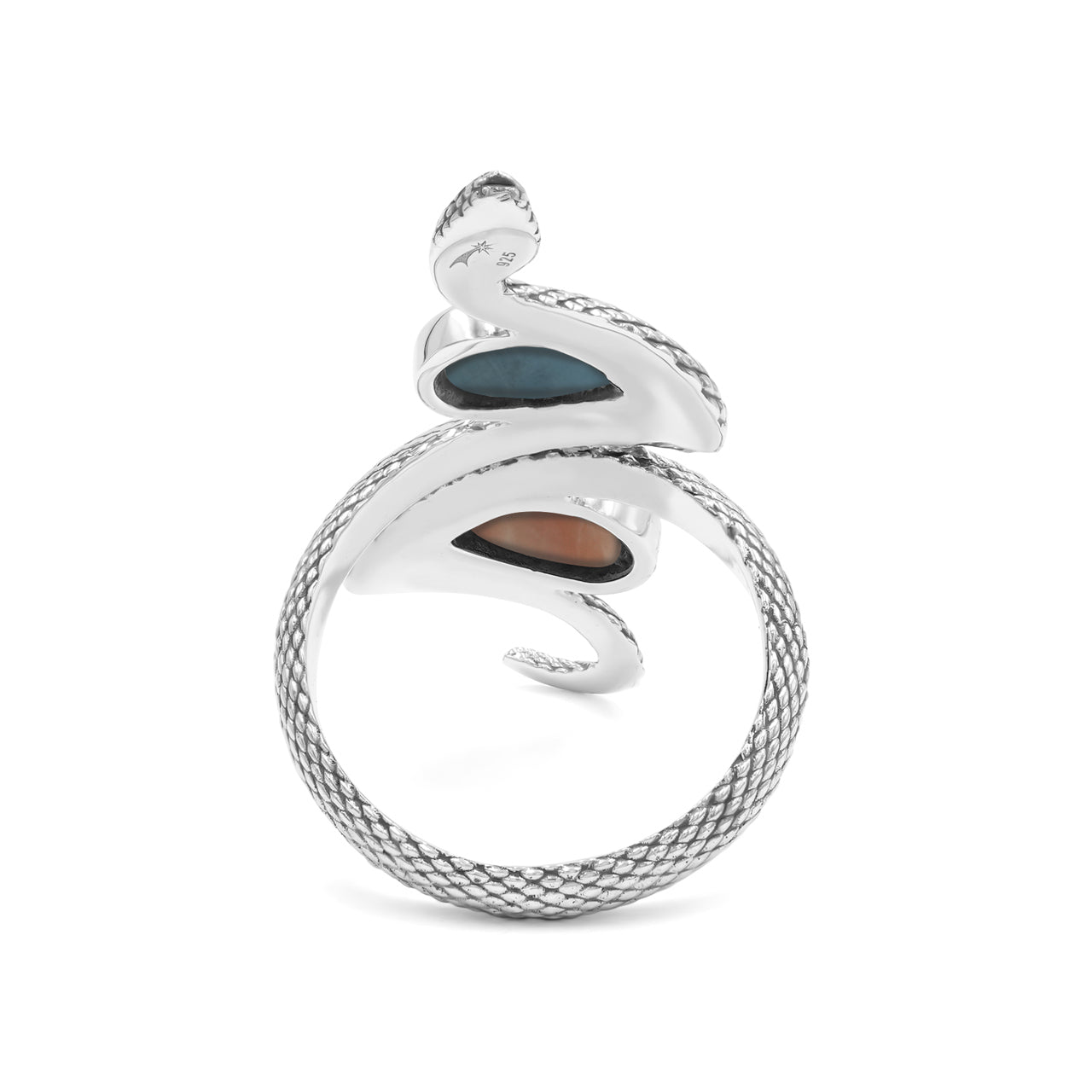 Starborn Coiled Snake Ring with Dual Larimar and Pink Natrolite in Sterling Silver