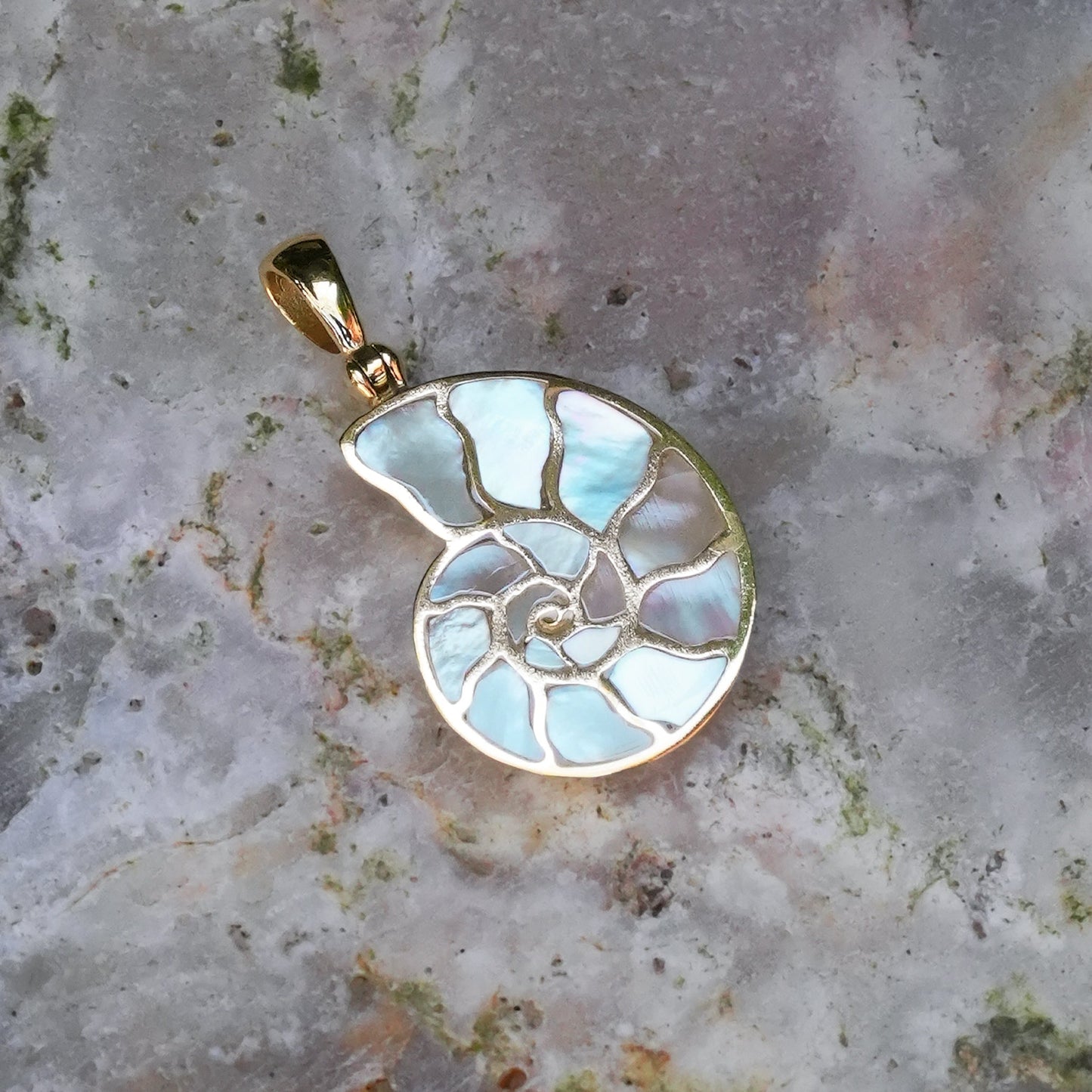 Starborn Mother of Pearl Inlay Nautilus Ammonite Pendant in Sterling Silver