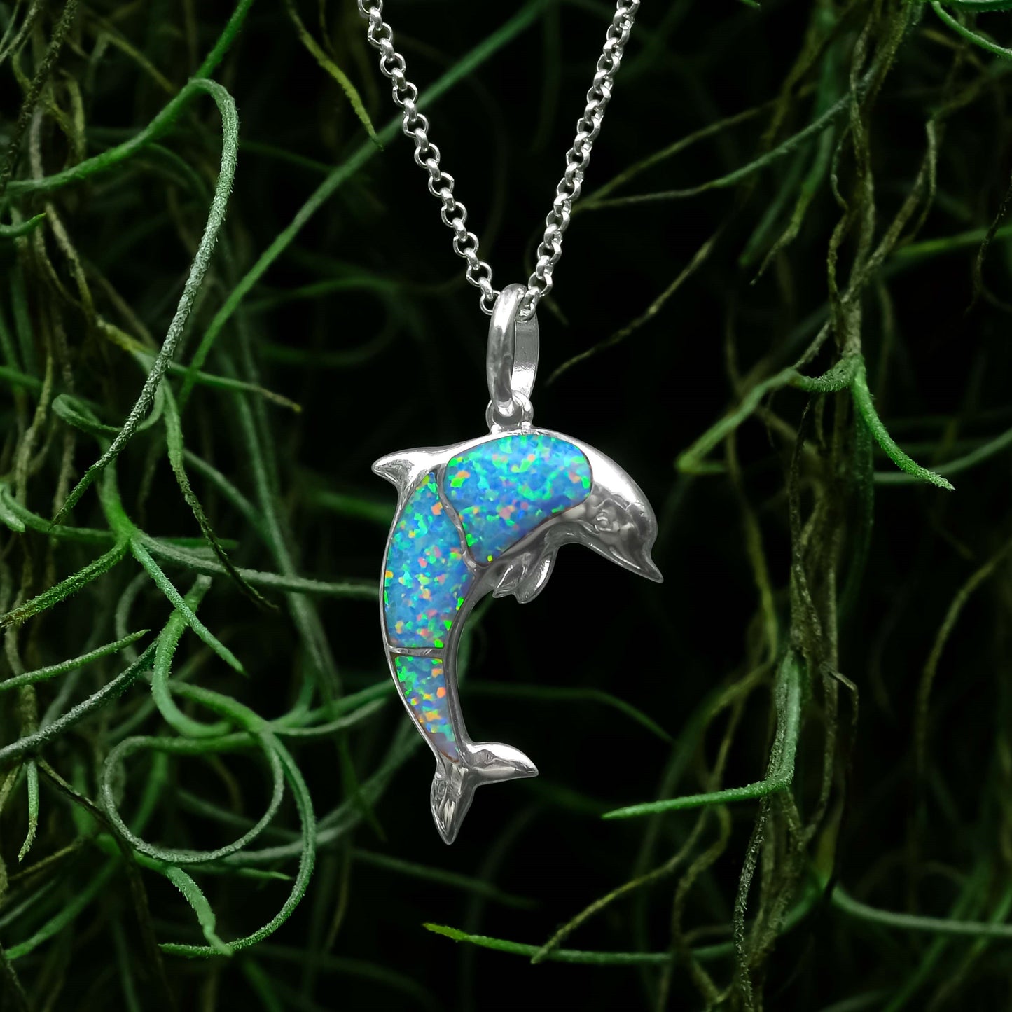 Starborn Gemstone Inlay Dolphin Pendant in Sterling Silver
