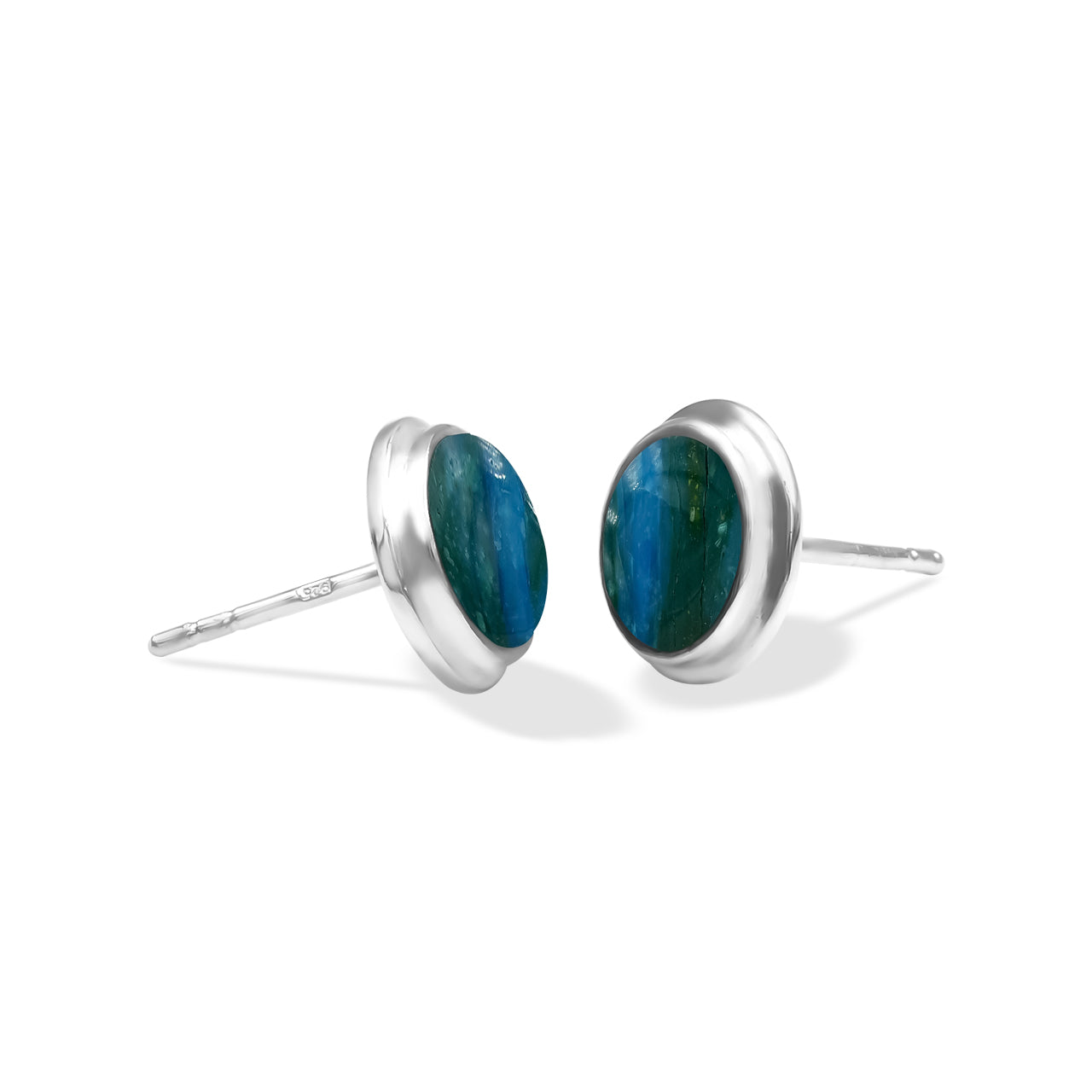 Starborn Peruvian Blue Opal Round 8mm Double Bezel Set Post Earrings in Sterling Silver