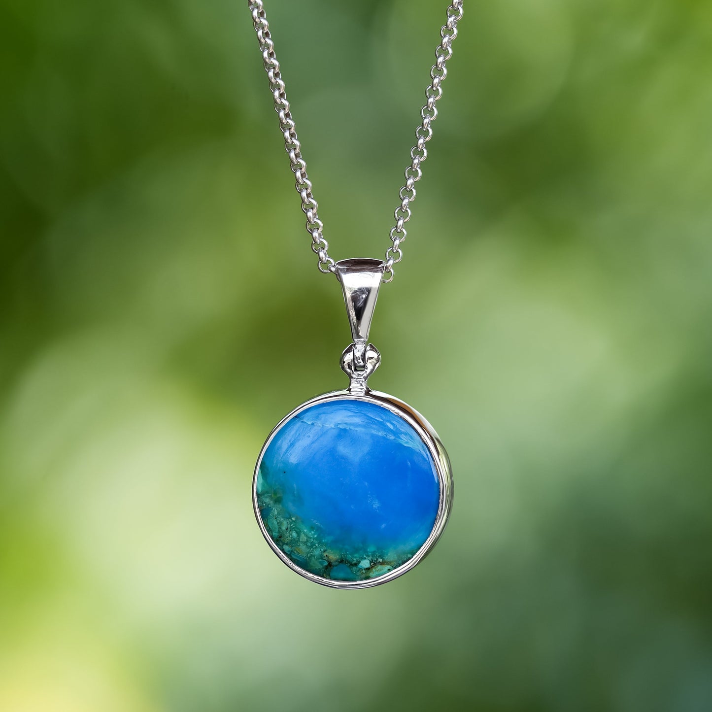 Starborn Peruvian Blue Opal Round Pendant in Sterling Silver