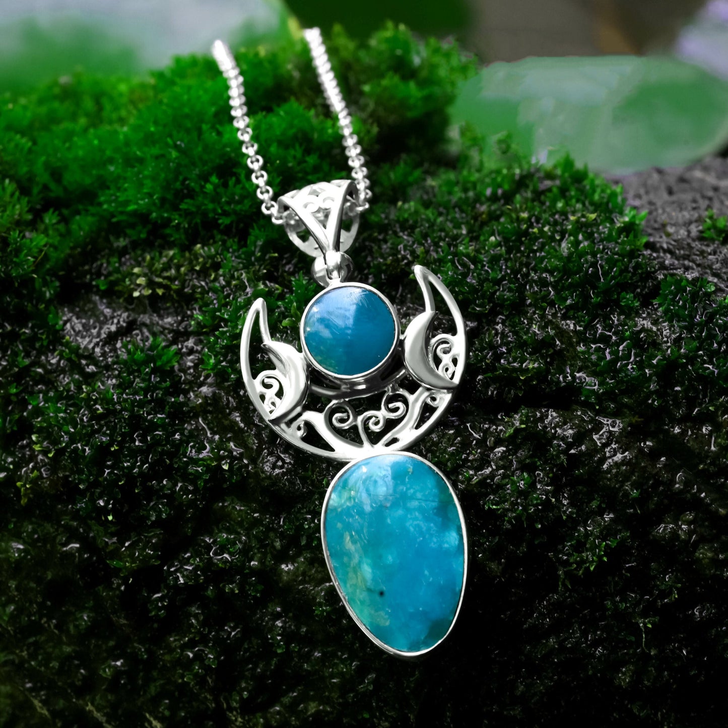 Starborn Peruvian Blue Opal Moon Goddess Pendant in Sterling Silver