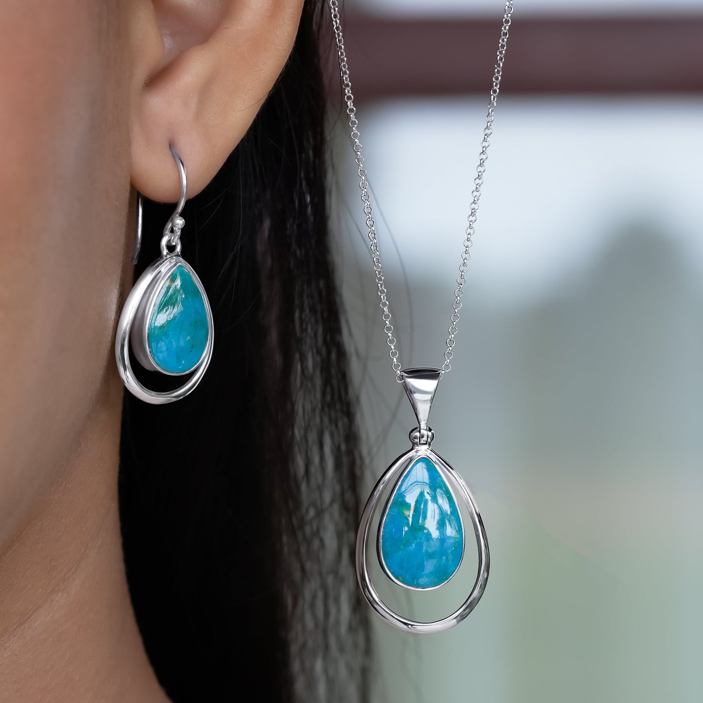 Starborn Peruvian Blue Opal Pear-Shaped Wire Frame Pendant and Earring Set in Sterling Silver
