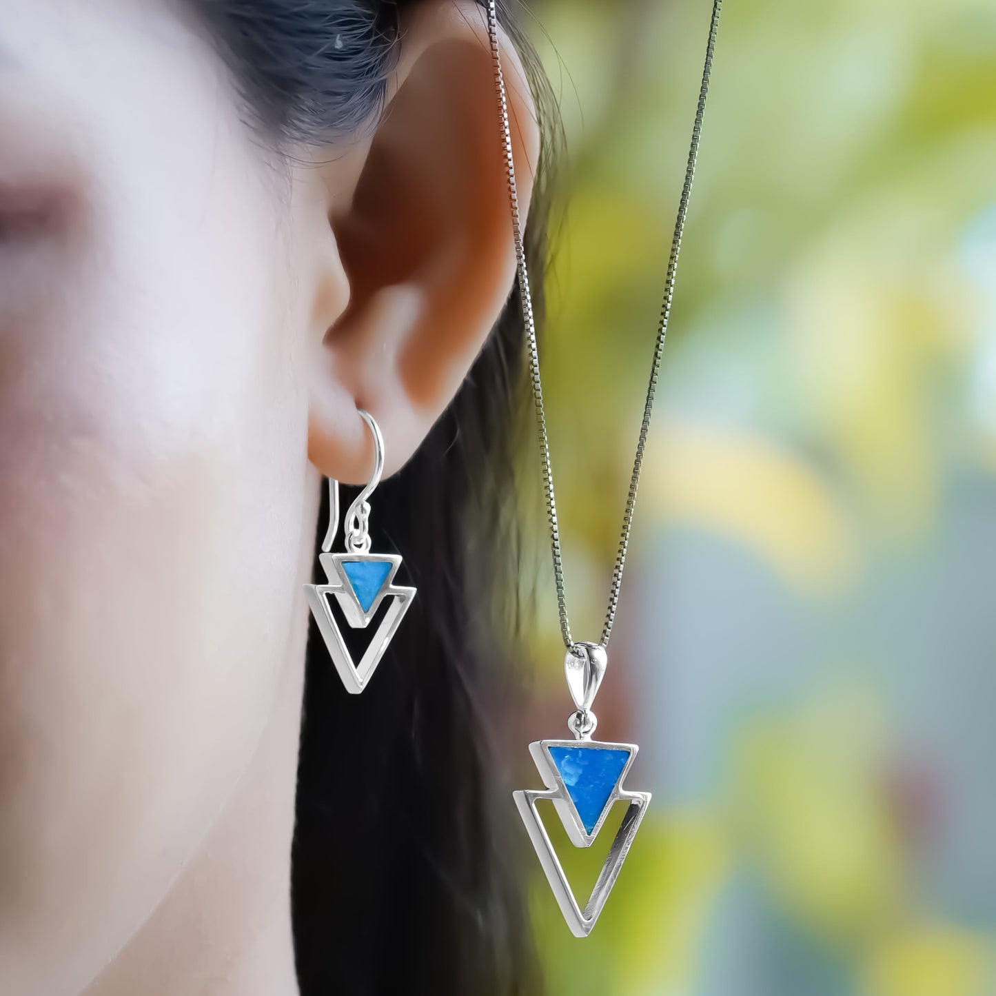 Starborn Peruvian Blue Opal Stacked Triangle Pendant and Earring Set in Sterling Silver