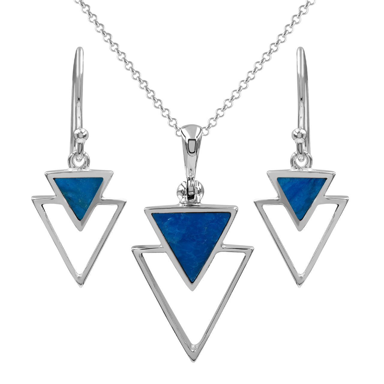 Starborn Peruvian Blue Opal Stacked Triangle Pendant and Earring Set in Sterling Silver