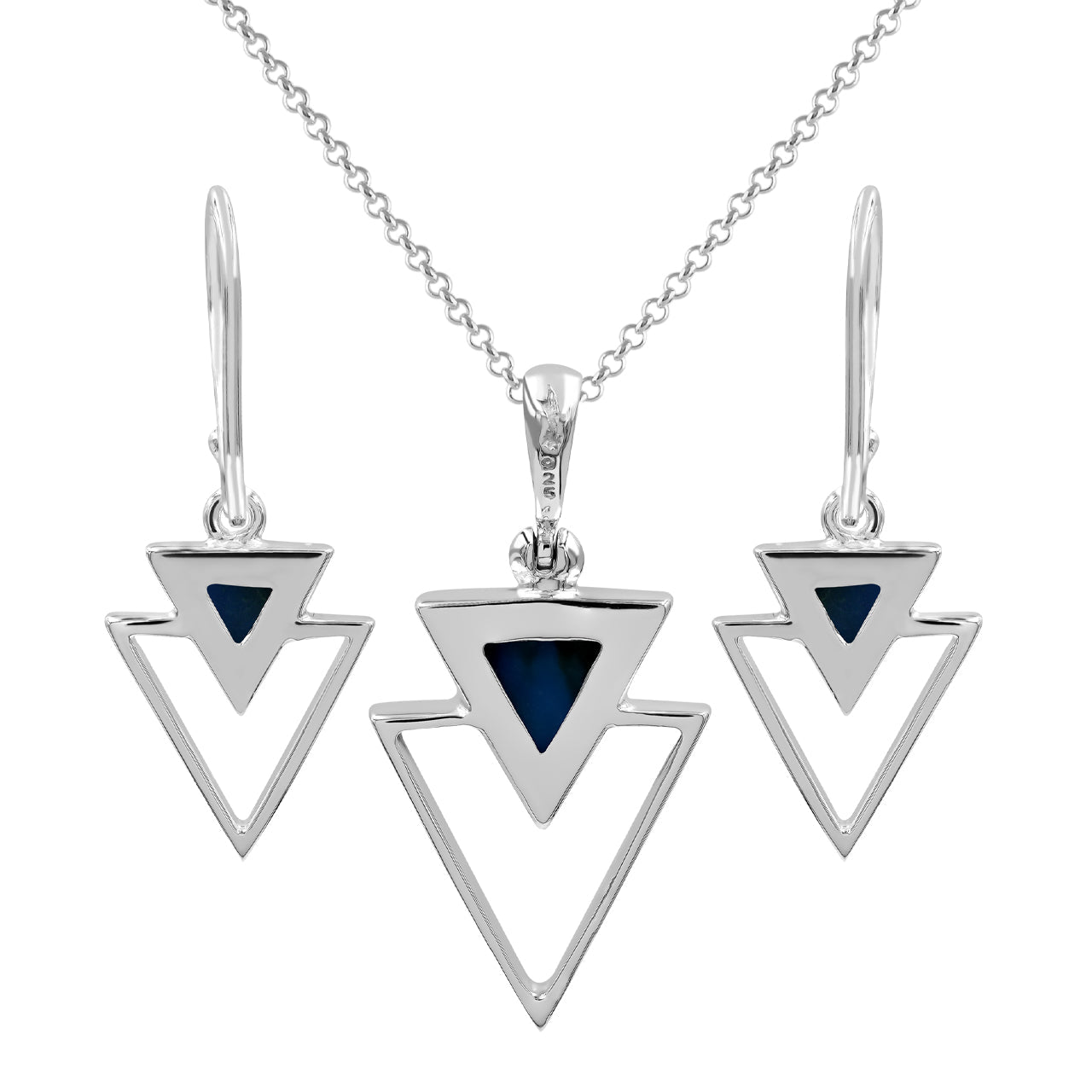 Starborn Peruvian Blue Opal Stacked Triangle Pendant and Earring Set in Sterling Silver