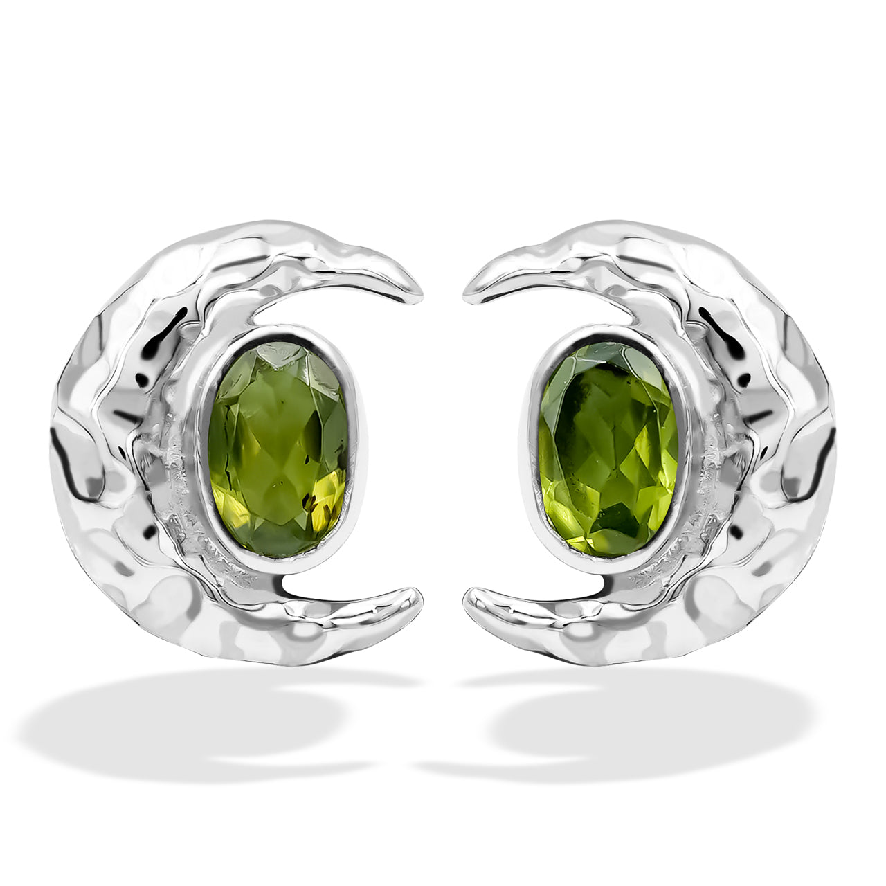 Starborn Faceted Oval Gemstone Post Earrings with Hammered Crescent Moon Accent in Sterling Silver